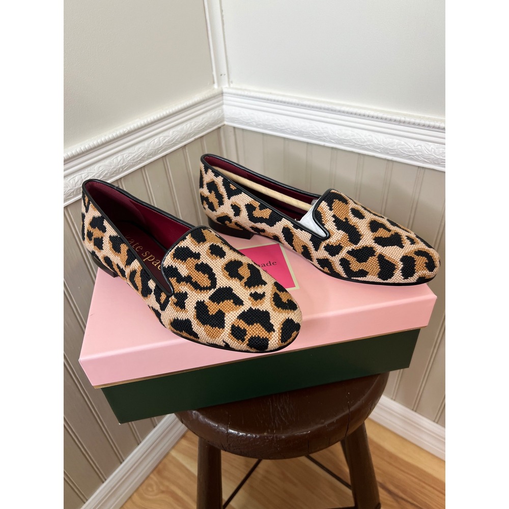 Kate Spade Leopard Print Needlepoint Loafers Almond Toe Flats 7.5B